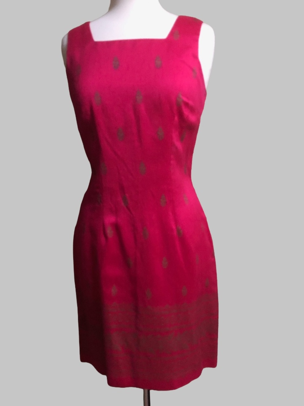 Vintage 90s Dawn Joy Pink & Gold Metallic Sheath Dress - Square Neck Size 6